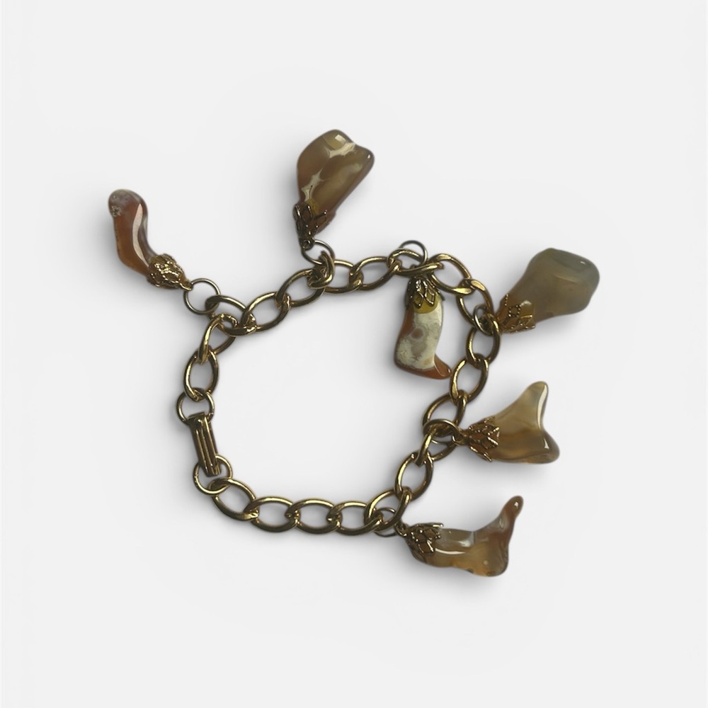 Vintage Gold Tone Chain Charm Bracelet - Agate Stone Dangles